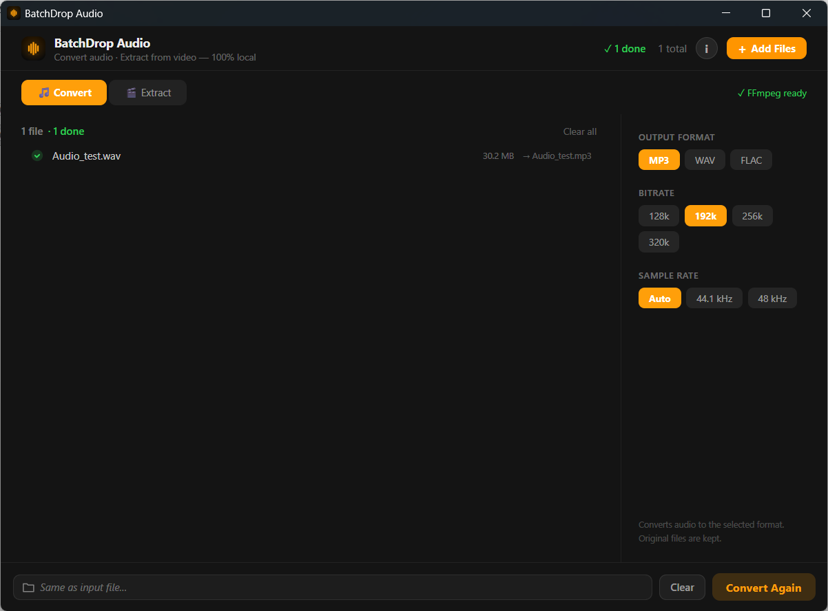 BatchDrop Audio interface screenshot
