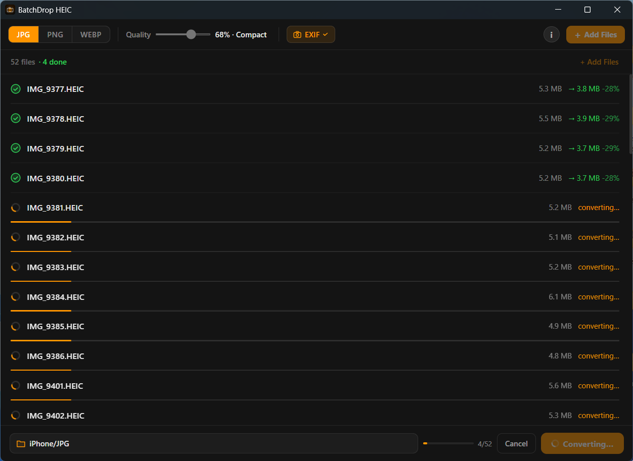 BatchDrop HEIC interface screenshot