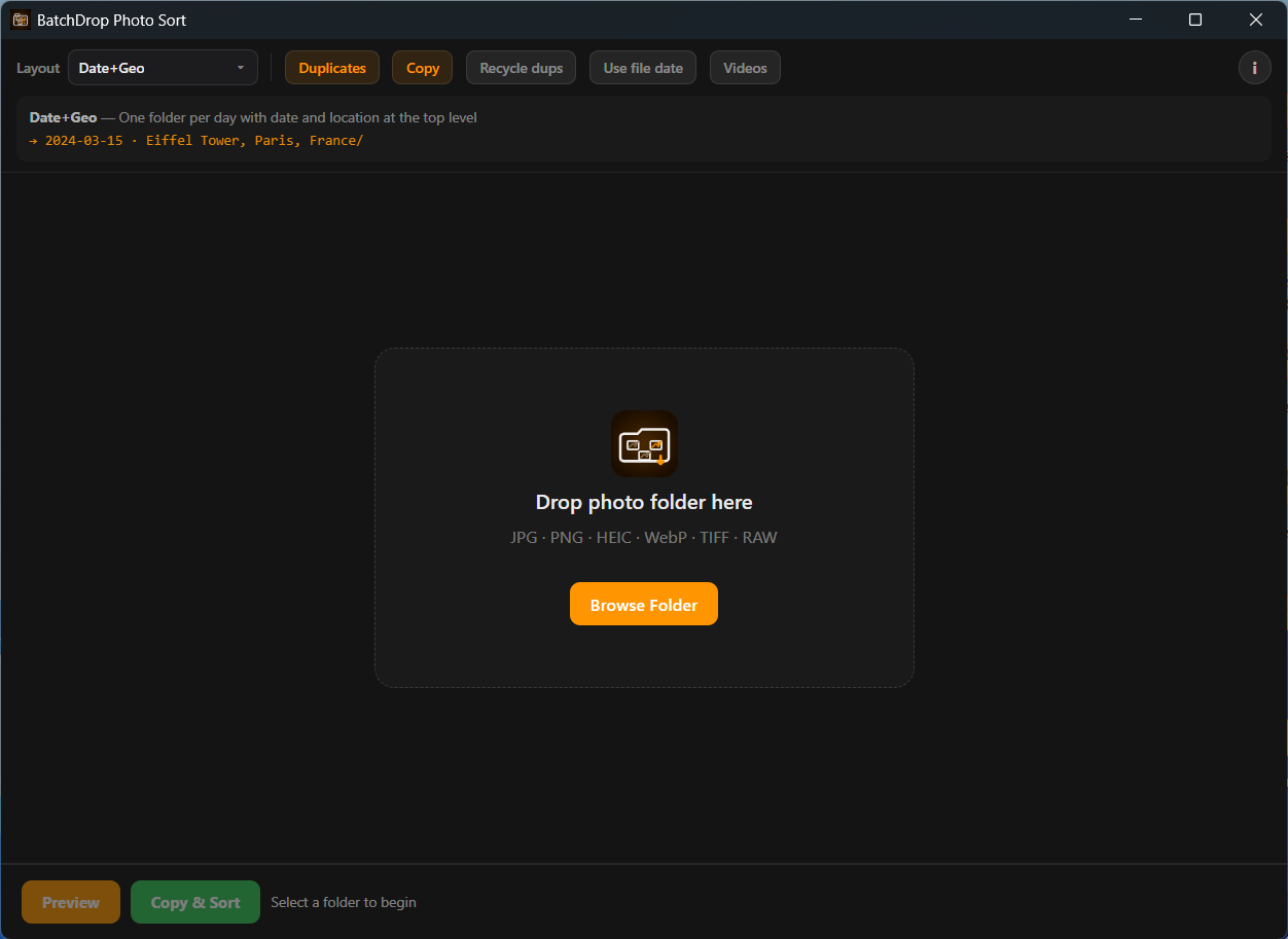 BatchDrop Photo Sort interface screenshot