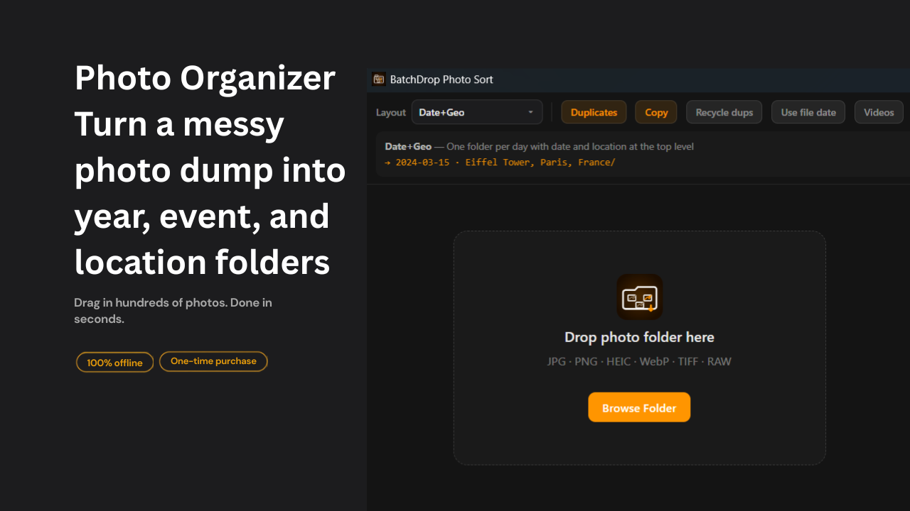 BatchDrop Photo Sort — organize photo libraries by EXIF and GPS