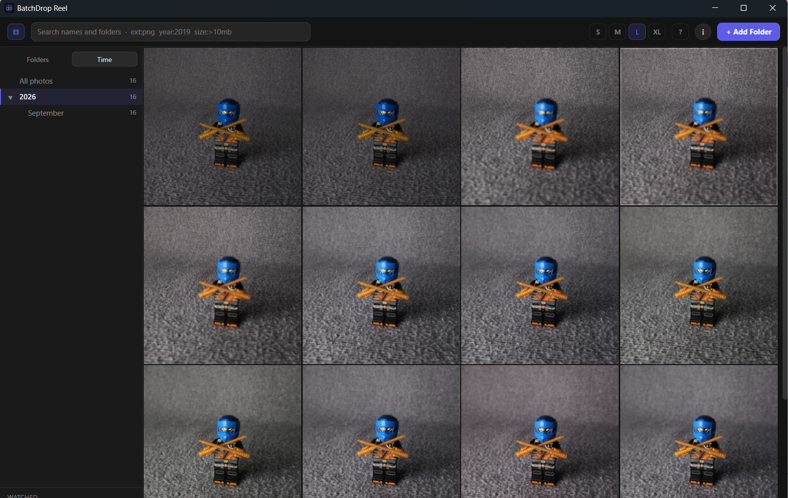 BatchDrop Reel thumbnail wall with the timeline sidebar and size switcher