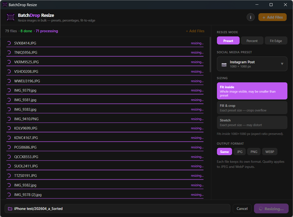 BatchDrop Resize interface screenshot