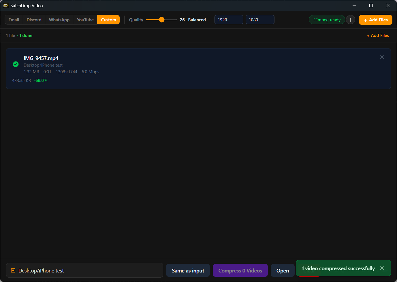 BatchDrop Video interface screenshot