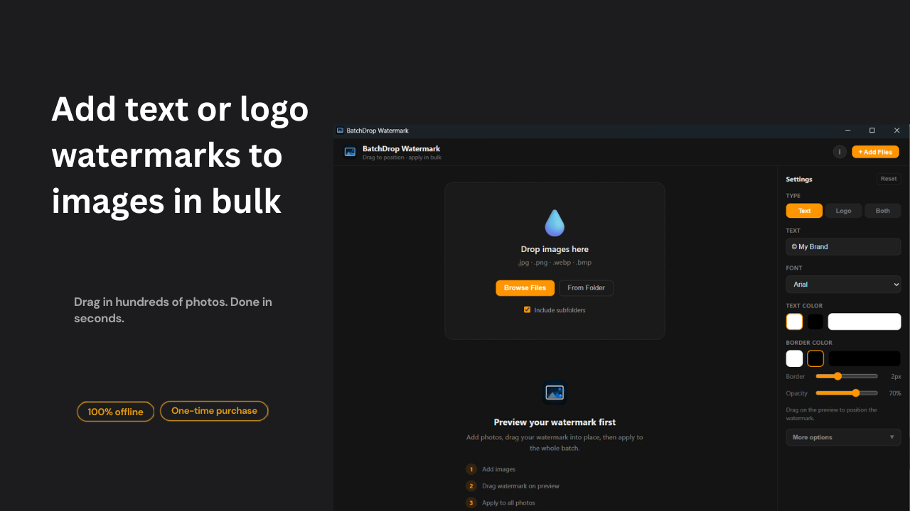BatchDrop Watermark — stamp text or logos on photo batches